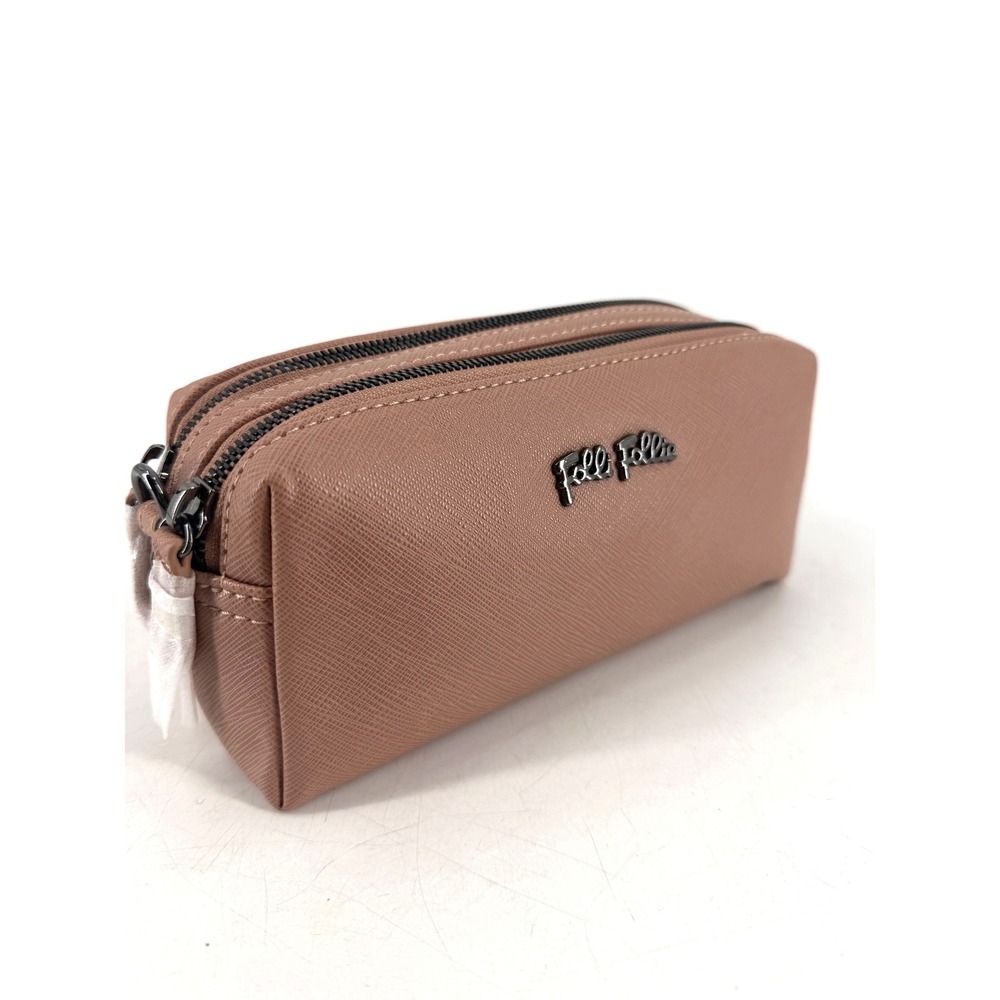 NWT Folli Follie Crossbody Bag Womens Small Tan Faux Saffiano Double‎ Zip Chic